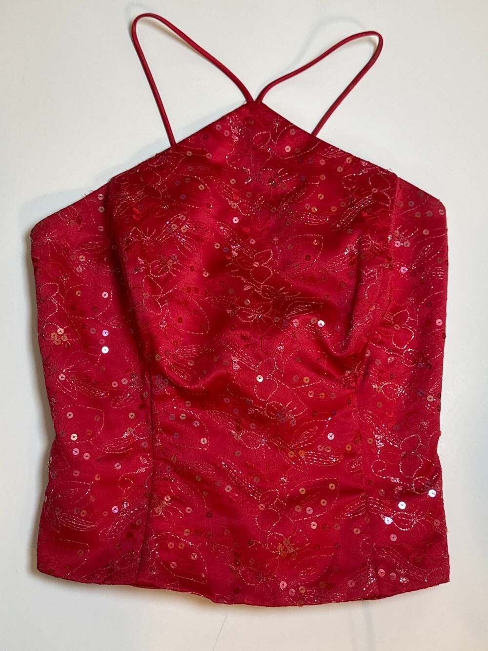 Vintage Y2K Red Sequin Halter Top 11/12 Fairy Grunge Lace Up Back Whimsigoth